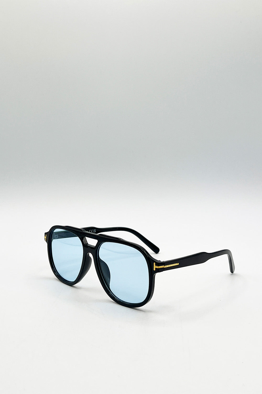 Oversized Navigator Sunglasses in Black with Blue Lenses