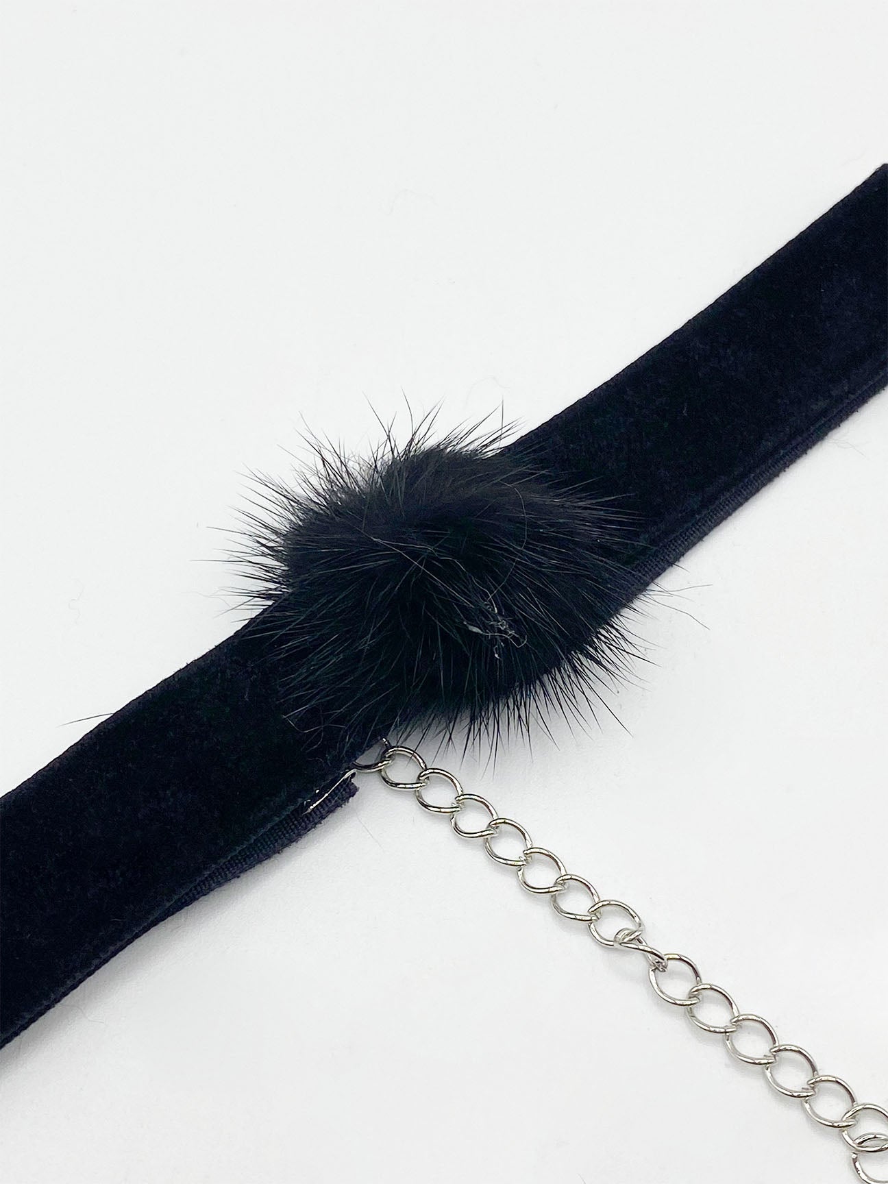 Black Faux Velvet Band Choker Necklace With Black Pom Pom