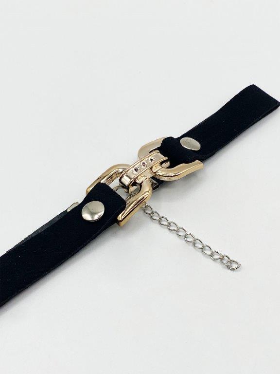 Black Faux Suede Choker Necklace With Gold Tint Clasp Centre