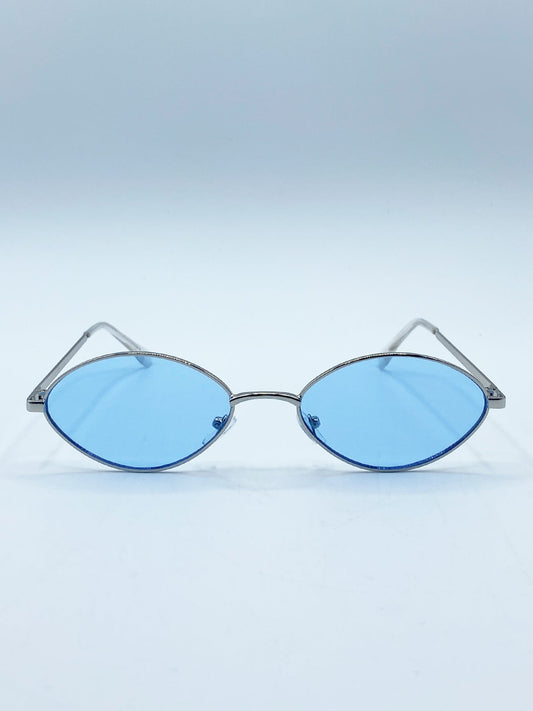 Metal Oval Frame Sunglasses with Blue Lenses