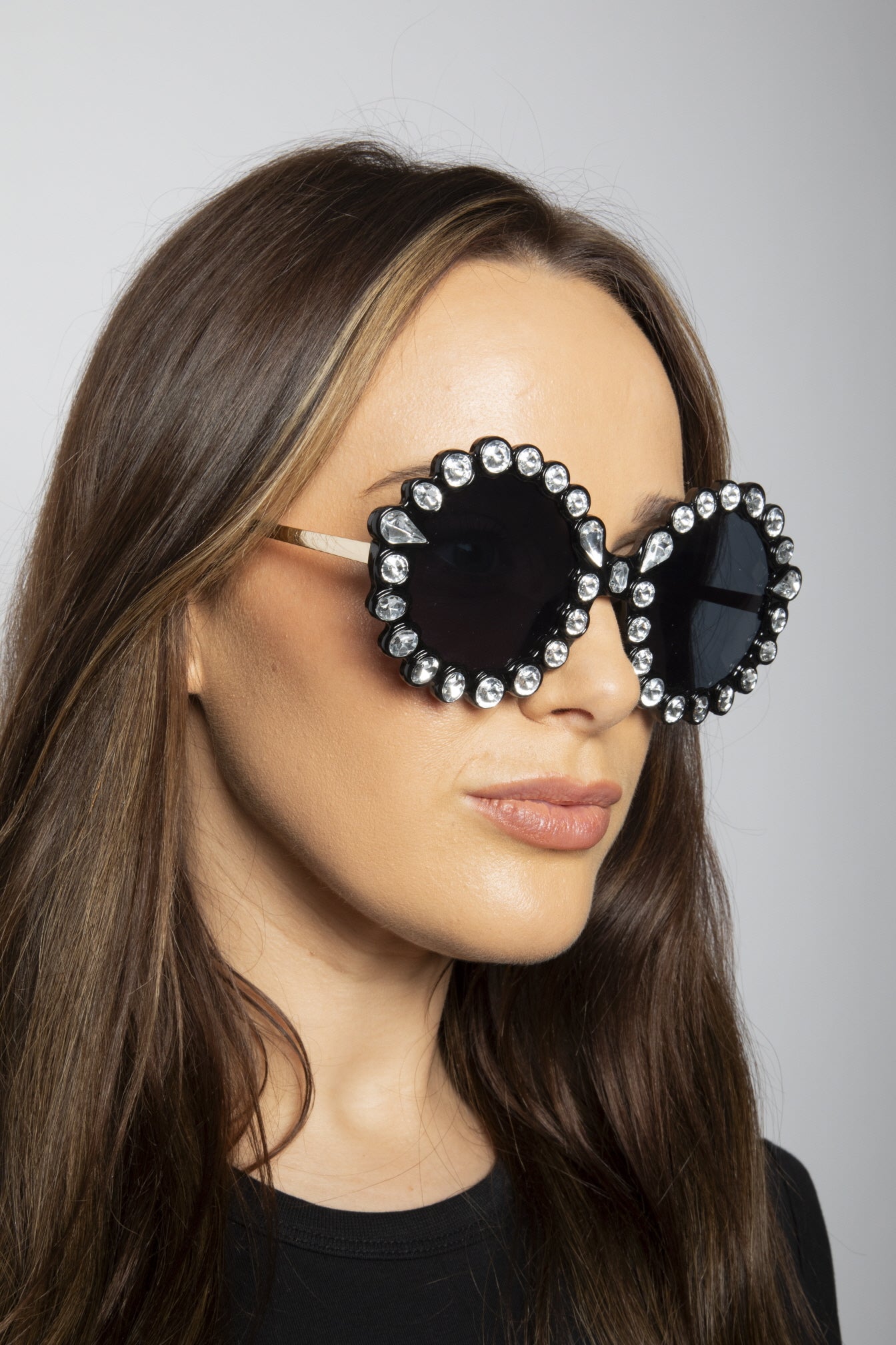 Round Floral Gem Novelty Sunglasses in Black