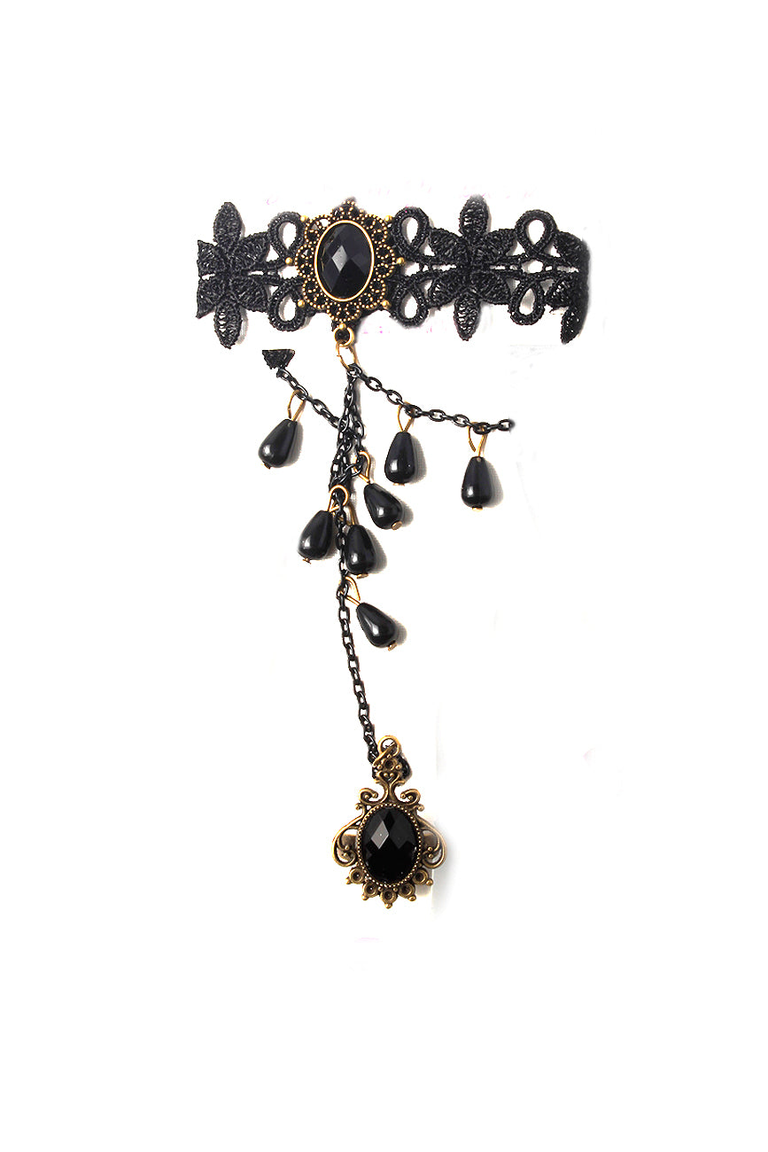 Lace Bracelet With Charm And Ring Detail In Black