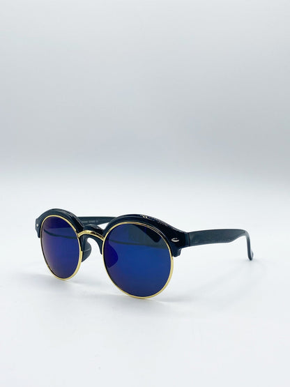 Black Round Sunglasses with Blue Revo Lenses and Gold Detail