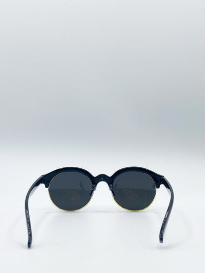 Black Round Sunglasses with Blue Revo Lenses and Gold Detail