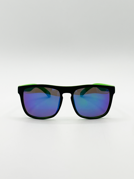 Matte Black Wayfarer Sunglasses With Blue Mirrored Lens