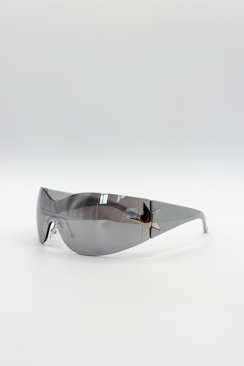 Wrap Around Racer Sunglasses with Star Hinge Detail in Silver