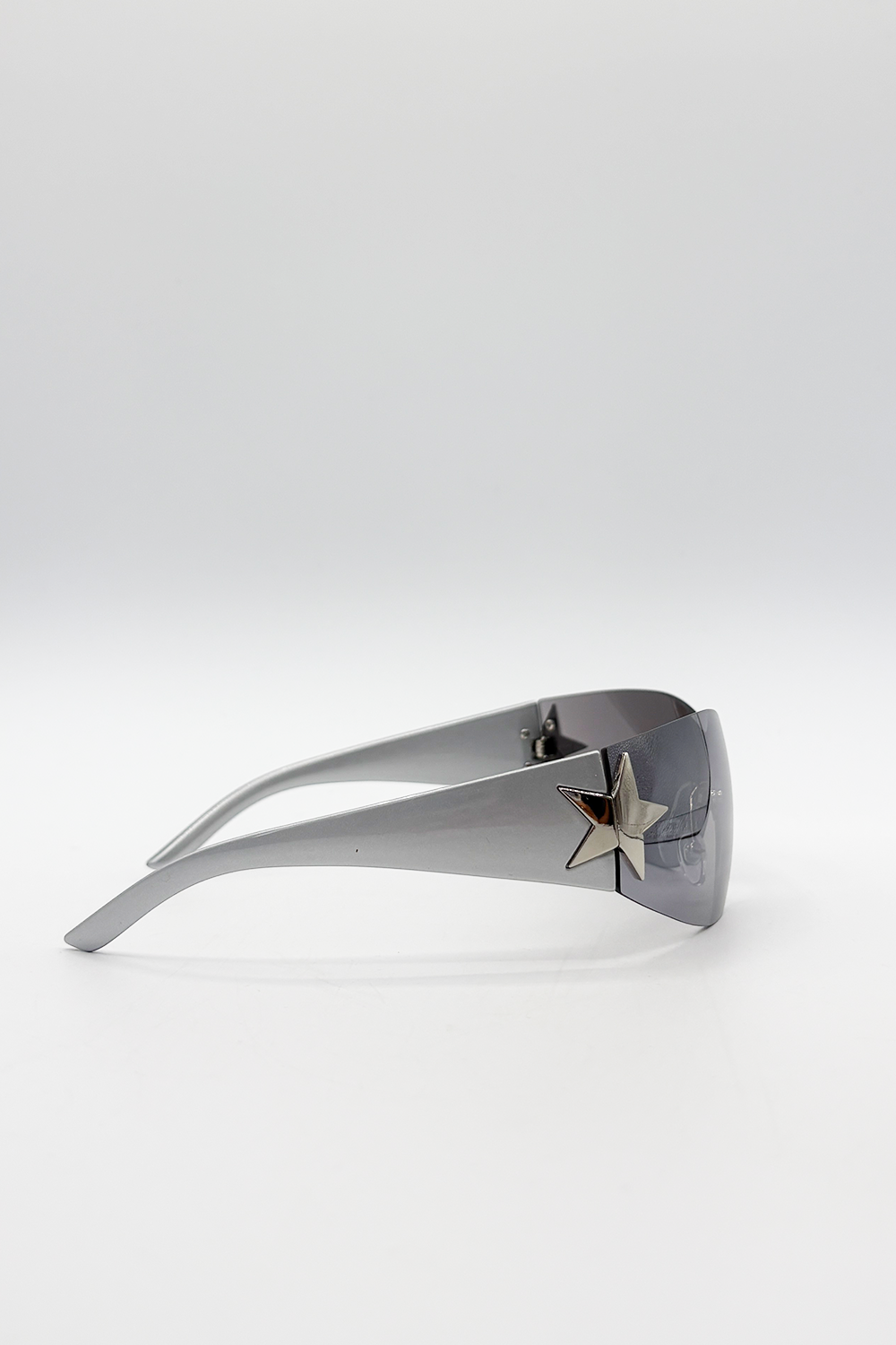 Wrap Around Racer Sunglasses with Star Hinge Detail in Silver