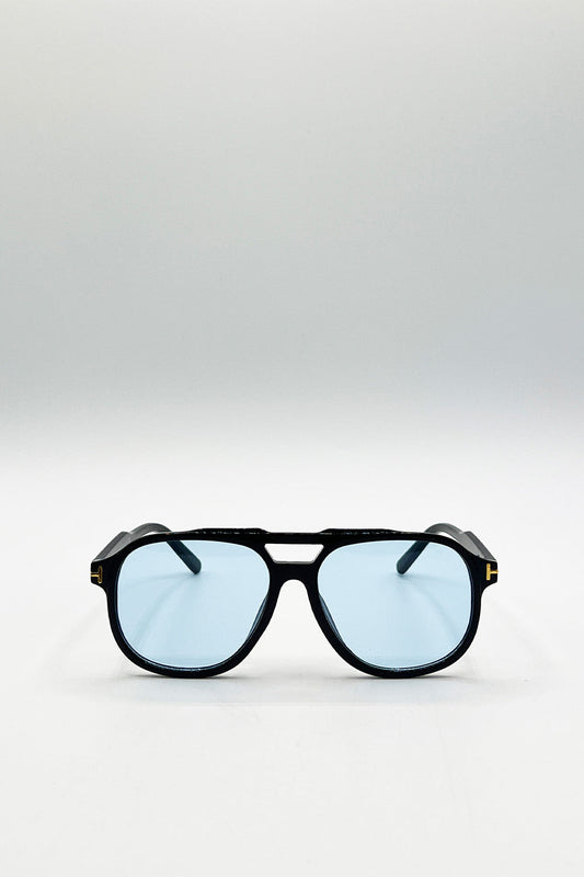 Oversized Navigator Sunglasses in Black with Blue Lenses