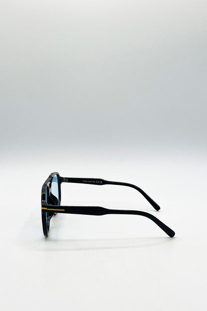 Oversized Navigator Sunglasses in Black with Blue Lenses