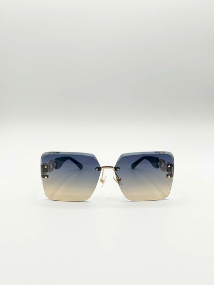 Rimless Oversized Square Sunglassses in Navy Gold