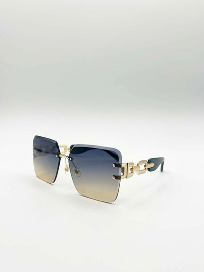 Rimless Oversized Square Sunglassses in Navy Gold