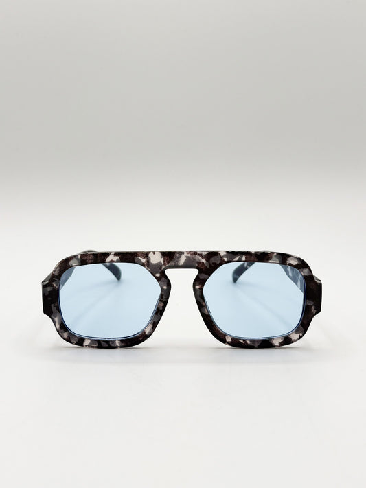 Tortoise Retro Navigator Sunglasses in Grey Blue