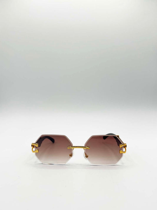 Rimless Oval Geometric Sunglasses in Gold Brown