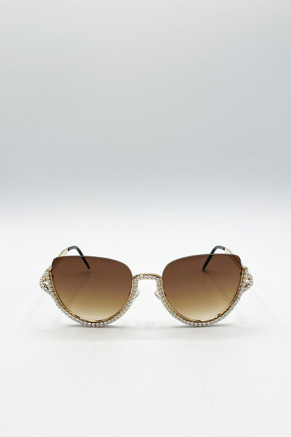 Upper Rimless Pearl Sunglasses in Gold Brown