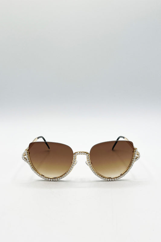Upper Rimless Pearl Sunglasses in Gold Brown
