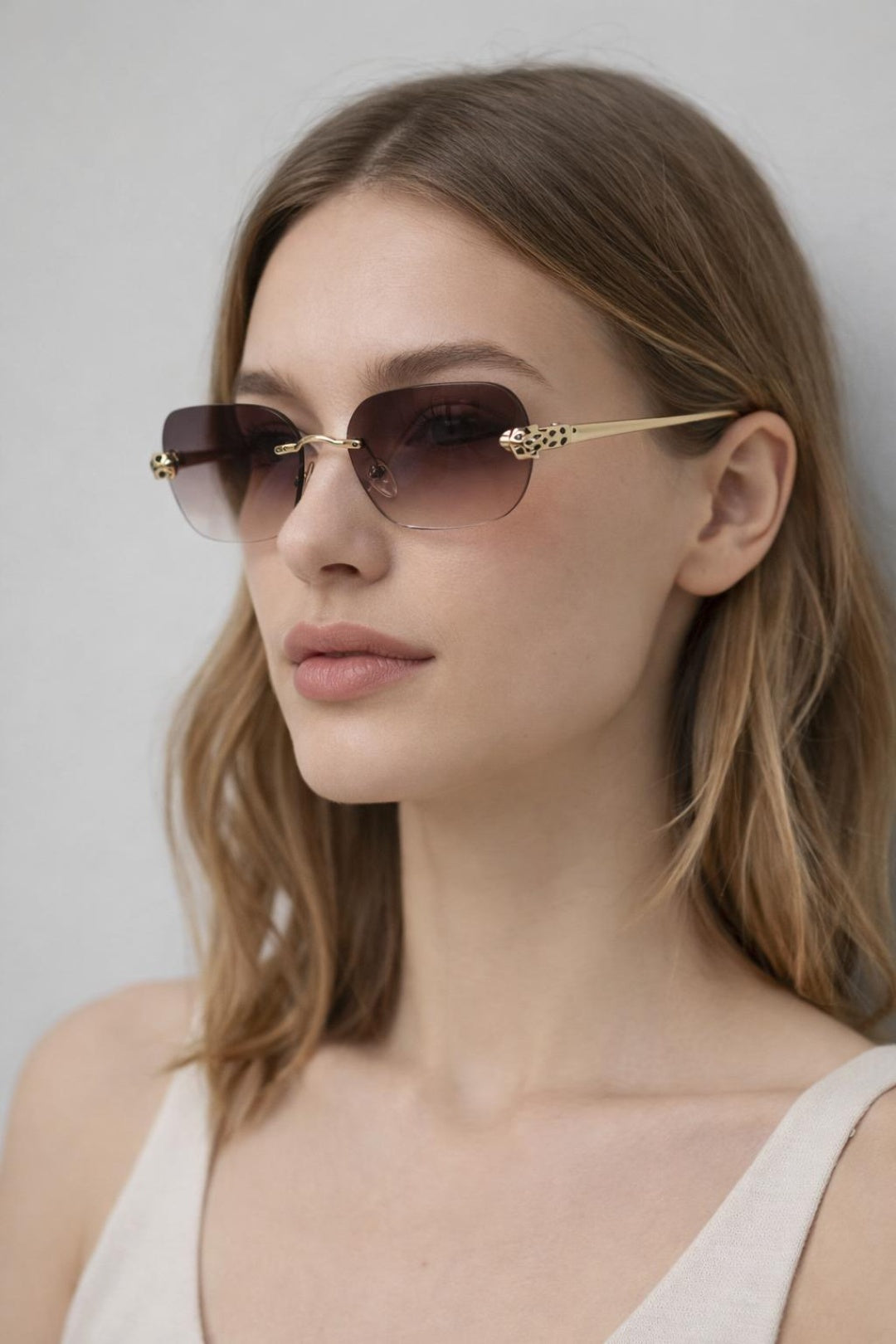 Jaguar Detail Rimless Sunglasses In Brown