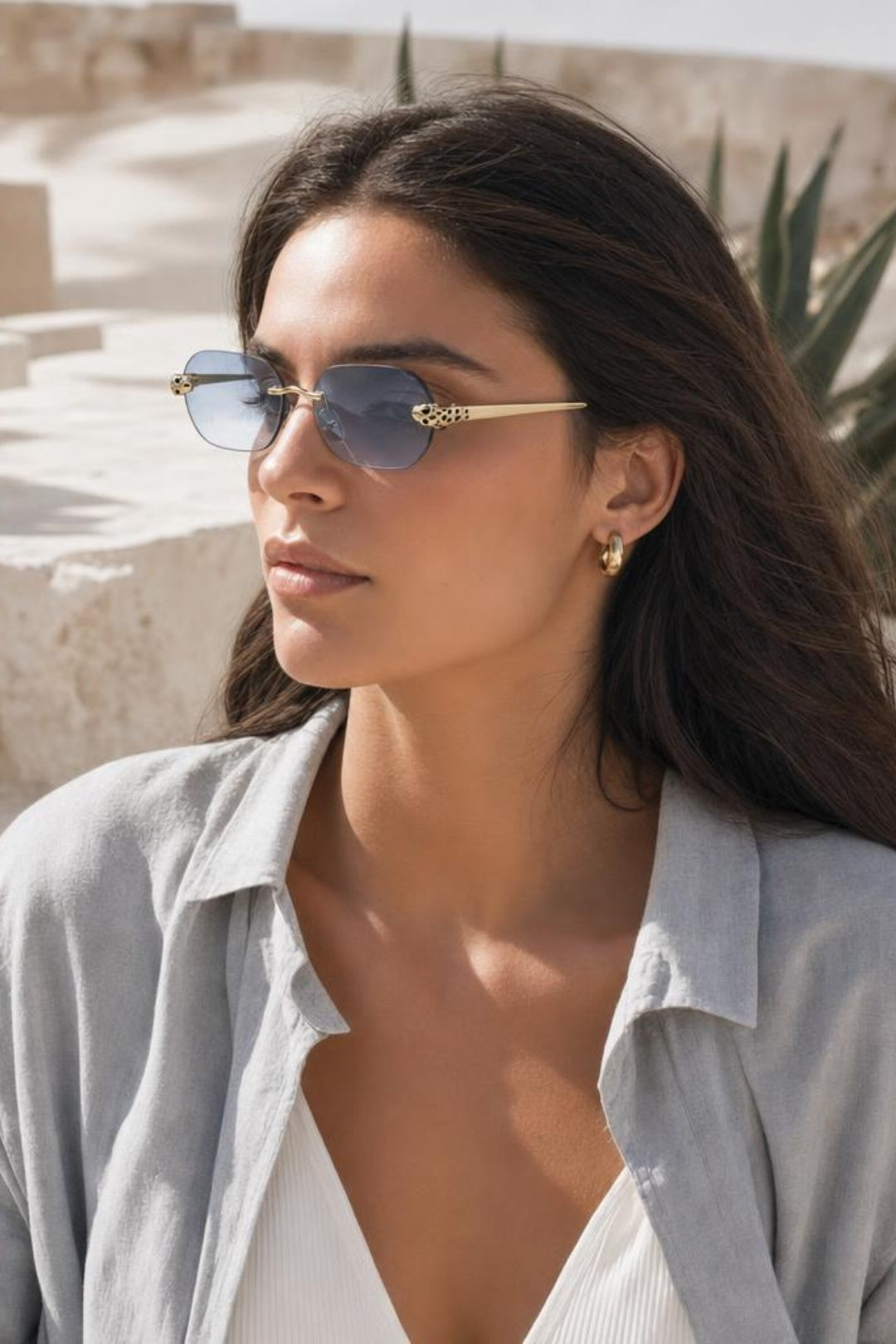 Jaguar Detail Rimless Sunglasses In Blue