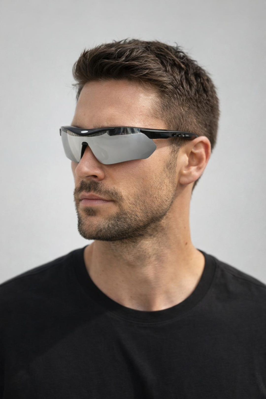 Outdoor Sports Racer Sunglasses in Black Silver Mirror