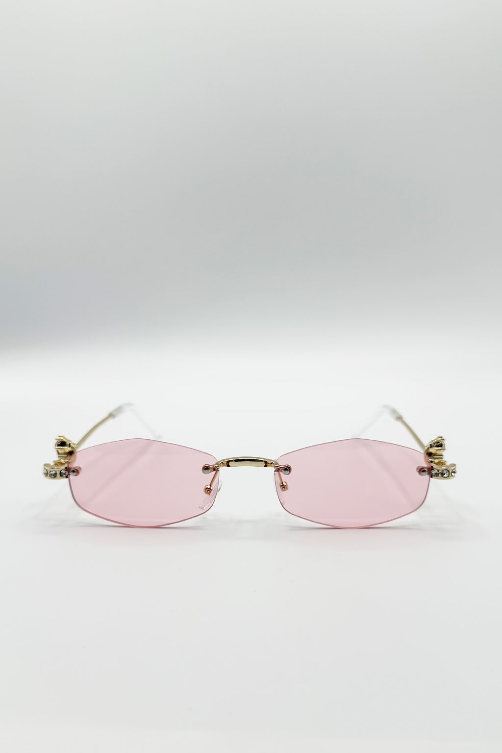 Rimless Oval Diamante Sunglasses In Pink