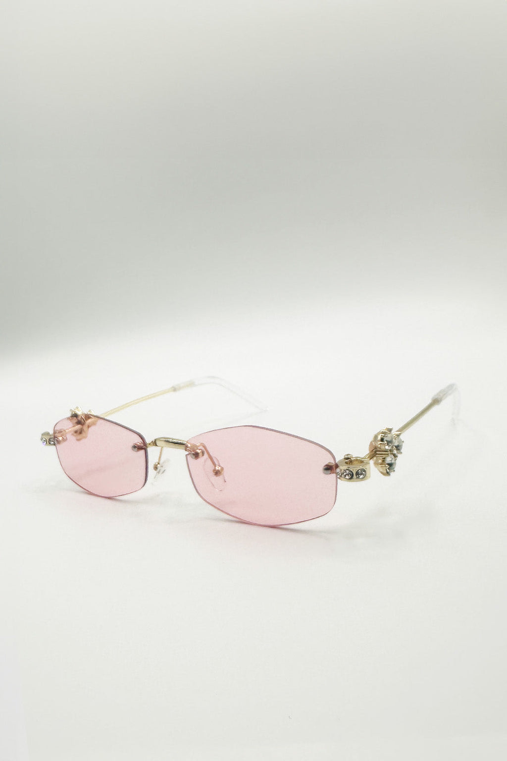 Rimless Oval Diamante Sunglasses In Pink