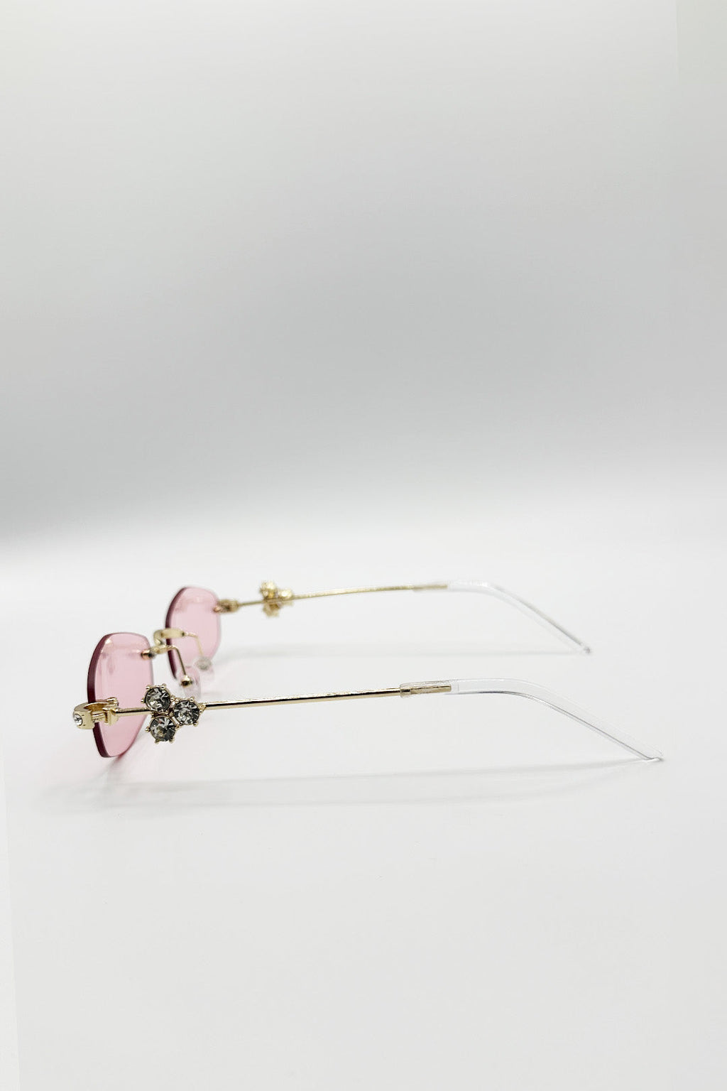 Rimless Oval Diamante Sunglasses In Pink