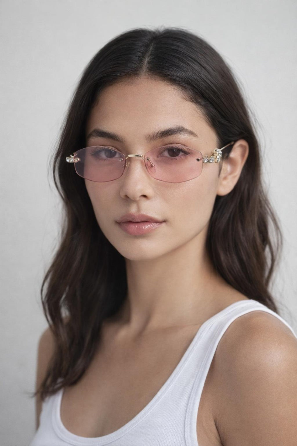 Rimless Oval Diamante Sunglasses In Pink