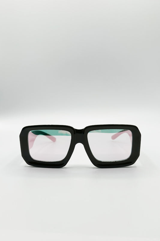 Oversized Square Frame Sunglasses In Mud Grey with Pink Mirror Lenses