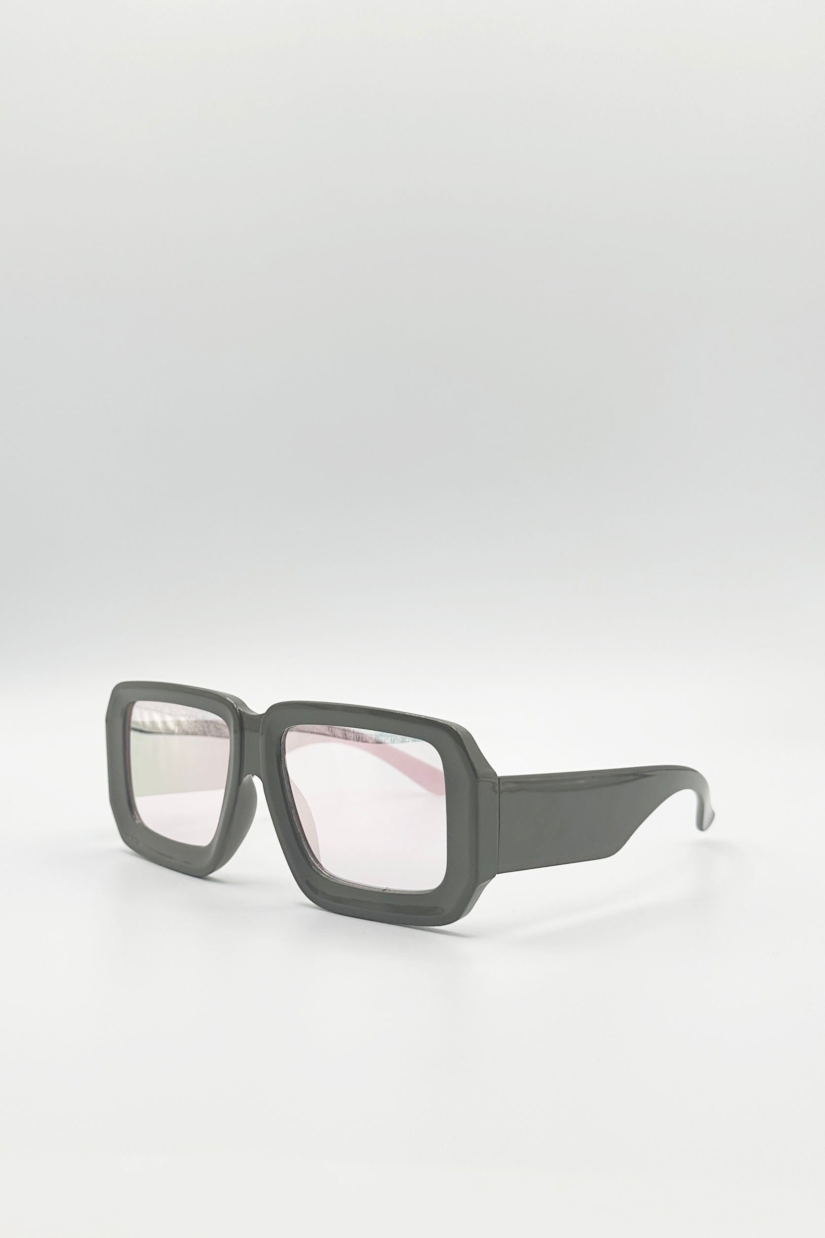 Oversize Square Frame Sunglasses In Mud Grey with Pink Mirror Lenses