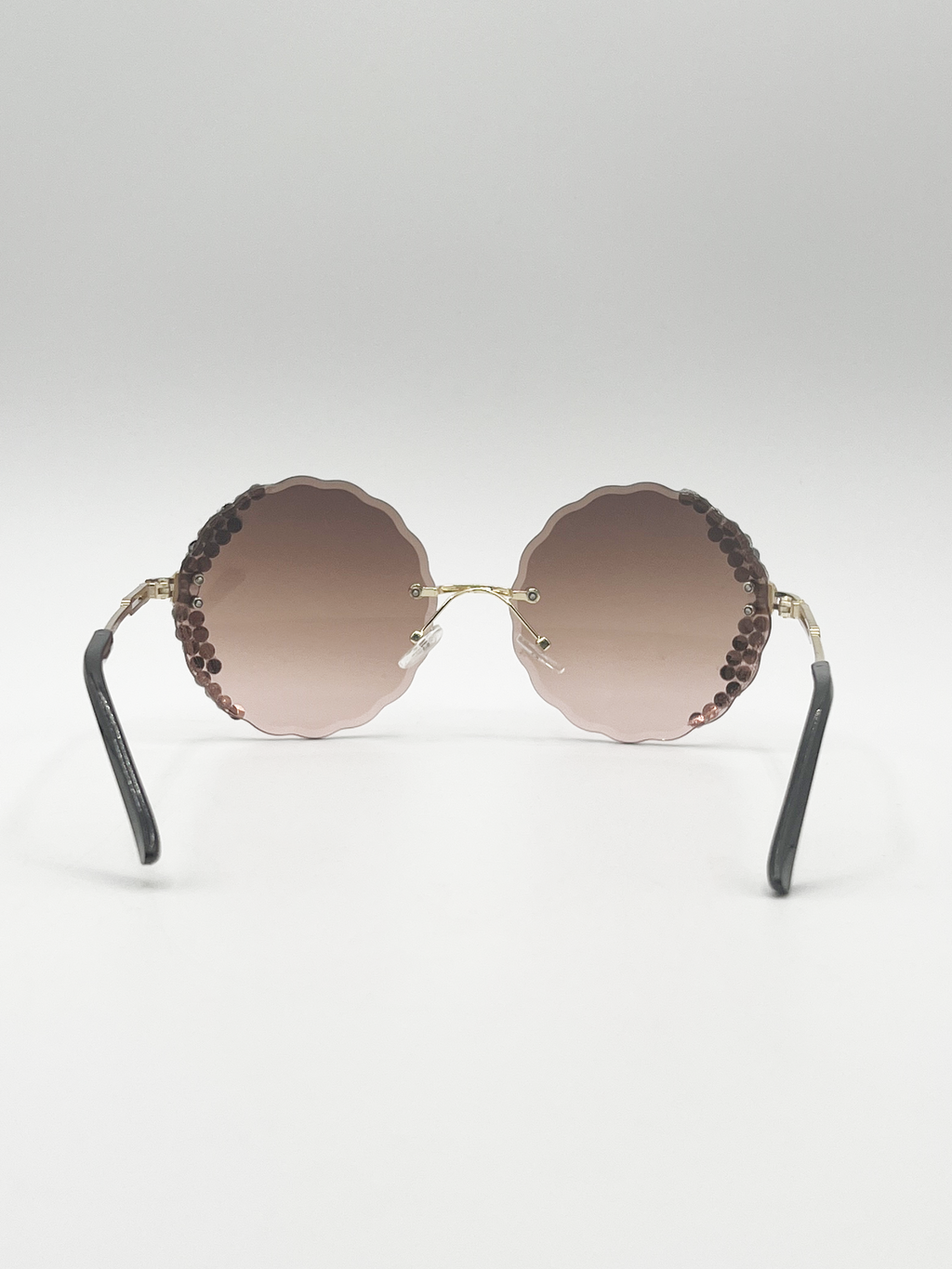 Oversized Round Frameless Sunglasses with Crystal Detail in Brown