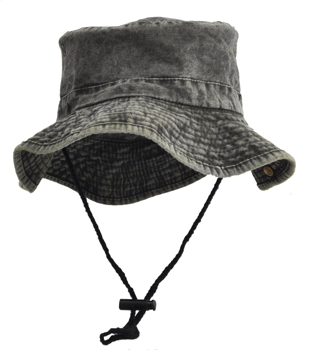 Grey Distressed Denim Safari Bucket Hat with Toggle Adjuster