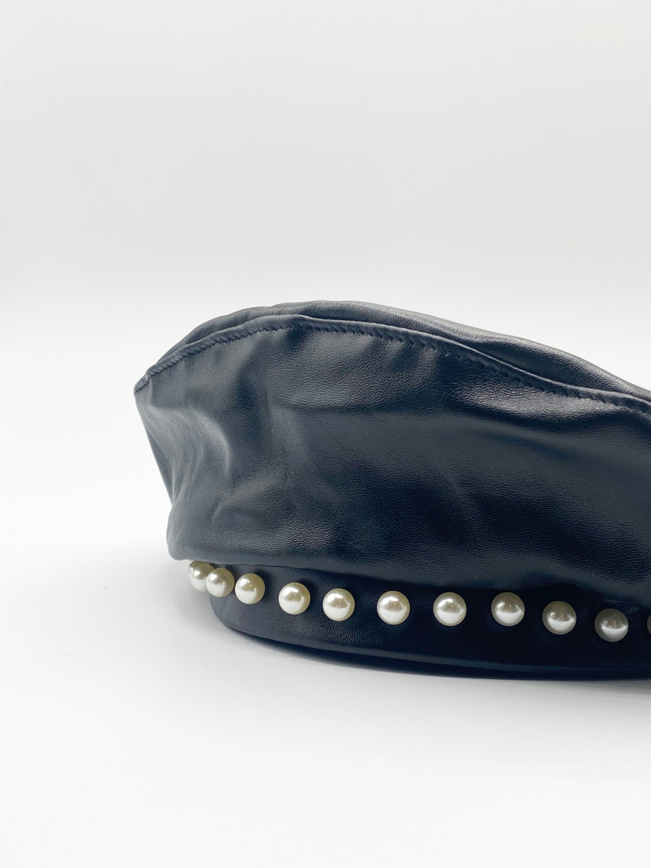 Black PU Leather Beret With Faux Pearl Trim