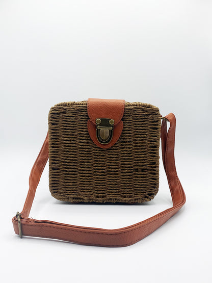 Brown Woven Straw Cross Body Bag with Leather Clasp and Handle