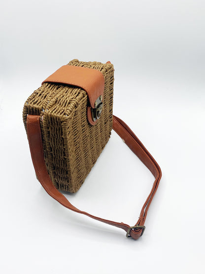 Brown Woven Straw Cross Body Bag with Leather Clasp and Handle