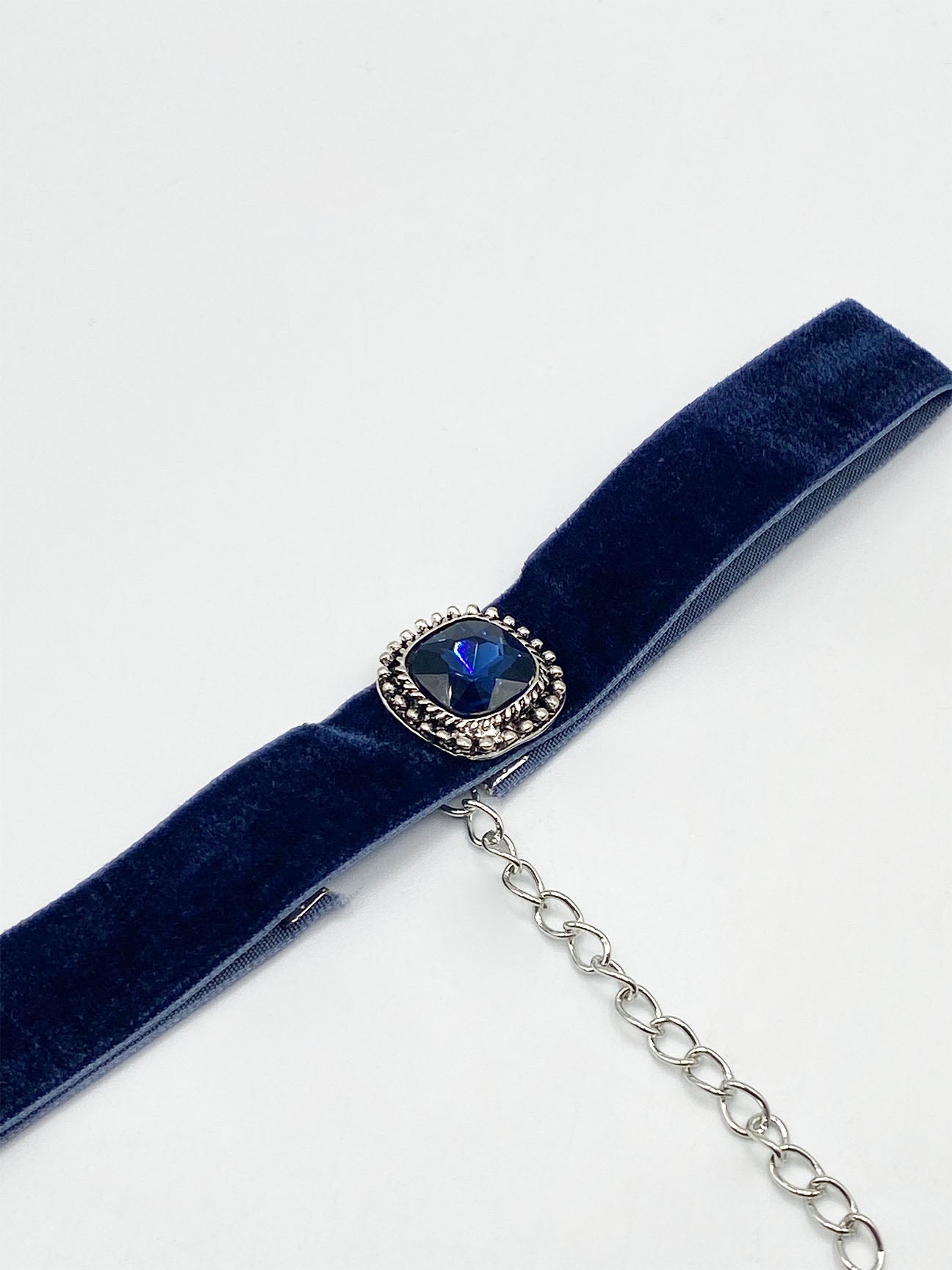 Navy Faux Velvet Choker Necklace with Blue Jewel