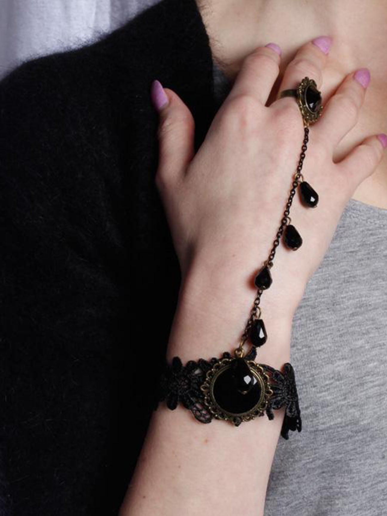 Lace Bracelet With Charm And Ring Detail In Black