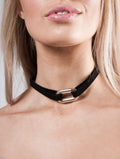 Black Faux Suede Choker Necklace With Silver Metal Center Charm