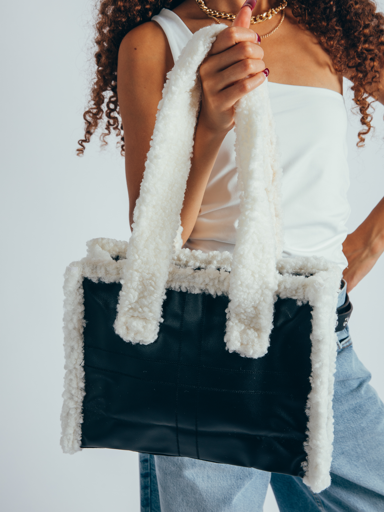 Black PU Bag With Faux Fur Trim