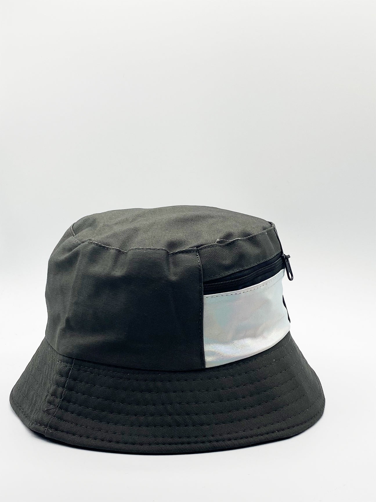 Khaki Bucket Hat with Iridescent Pocket Detail