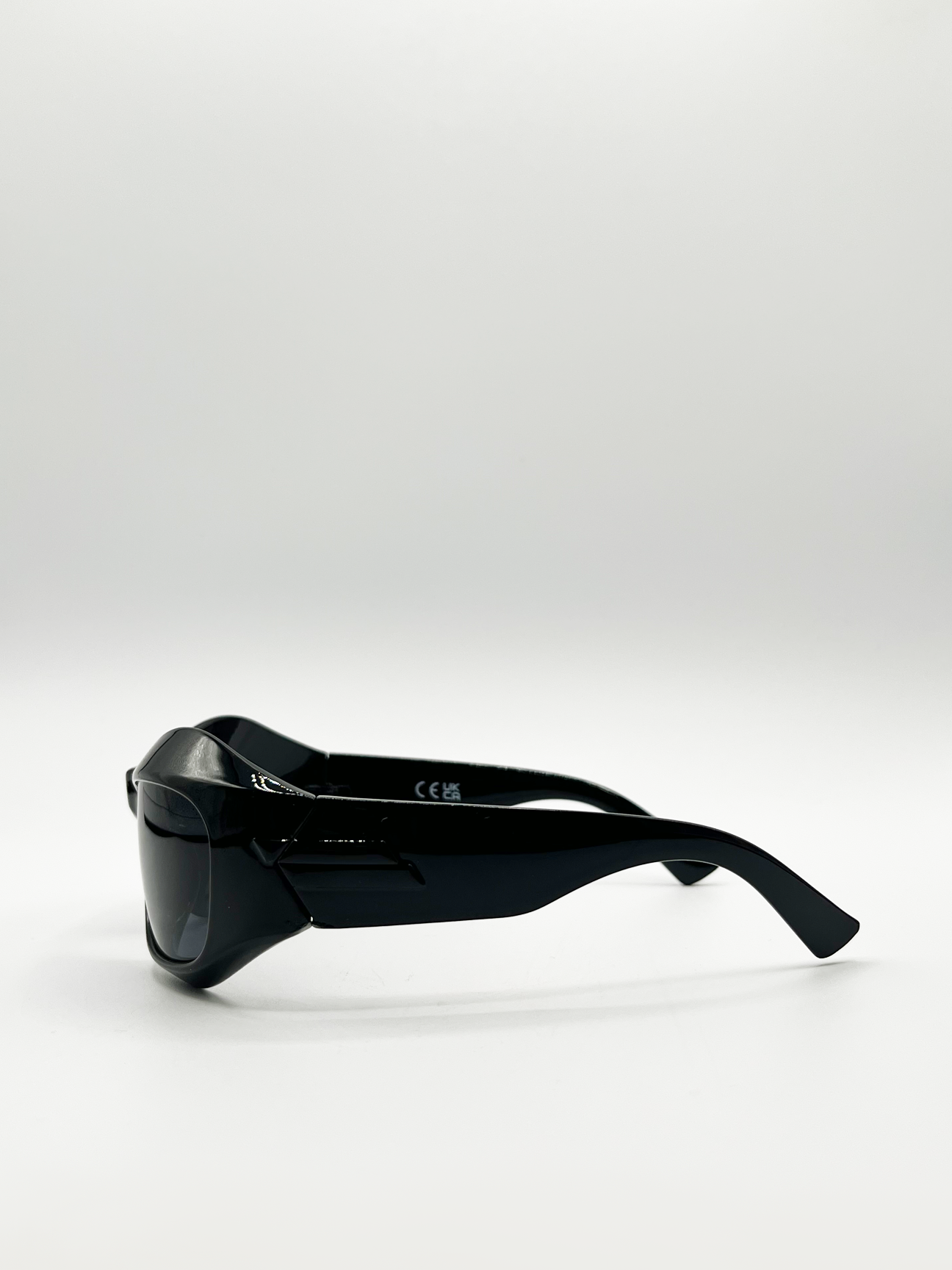 Shiny Black Exaggerated Brow Racer Style Sunglasses with Black Lenses