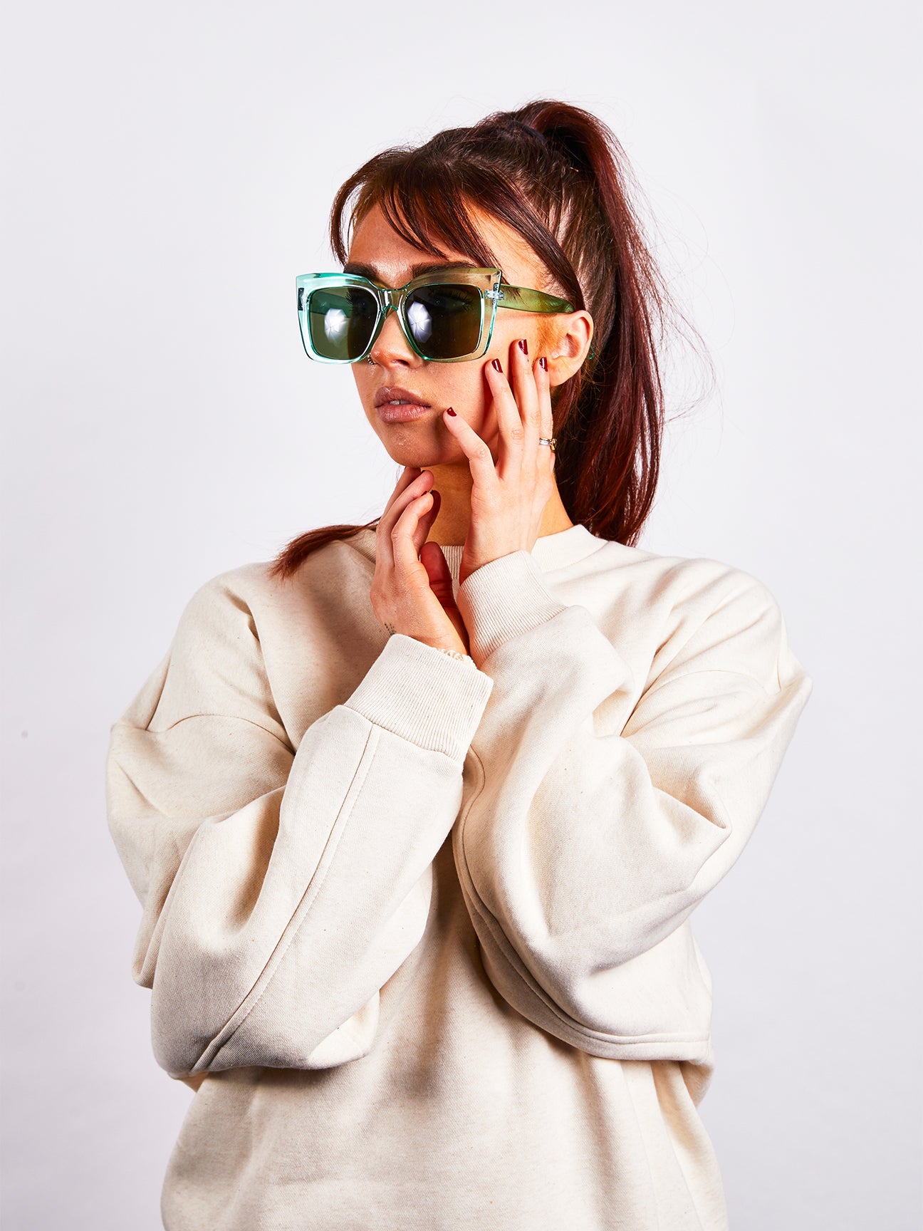 Green Angular Oversized Cat Eye Sunglasses