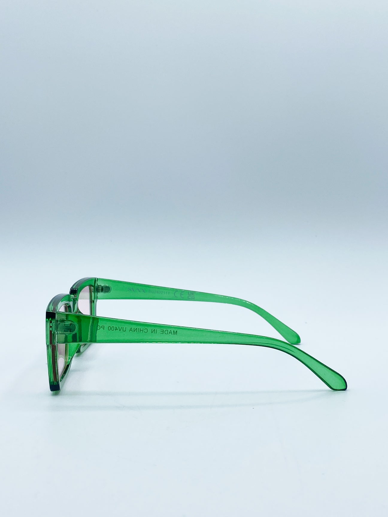 Square Frame Sunglasses in Translucent Green with Pink Lenses