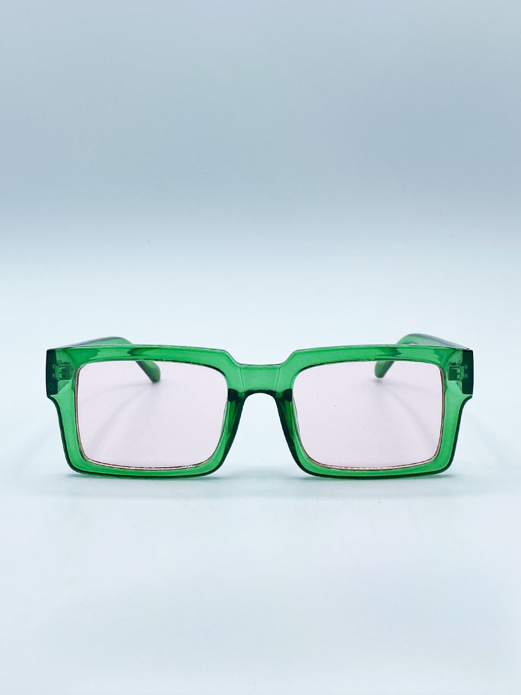 Square Frame Sunglasses in Translucent Green with Pink Lenses