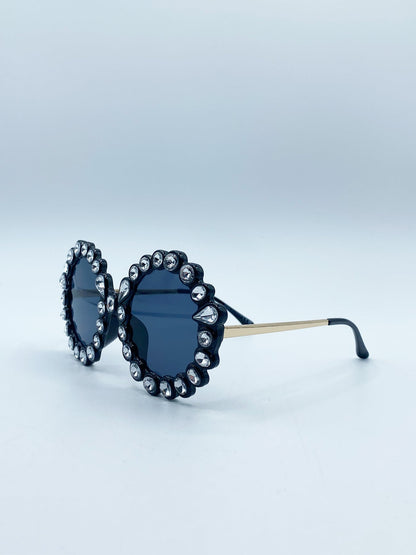 Round Floral Gem Novelty Sunglasses in Black