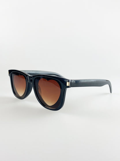 Black Rectangle Sunglasses with Brown Heart Lenses