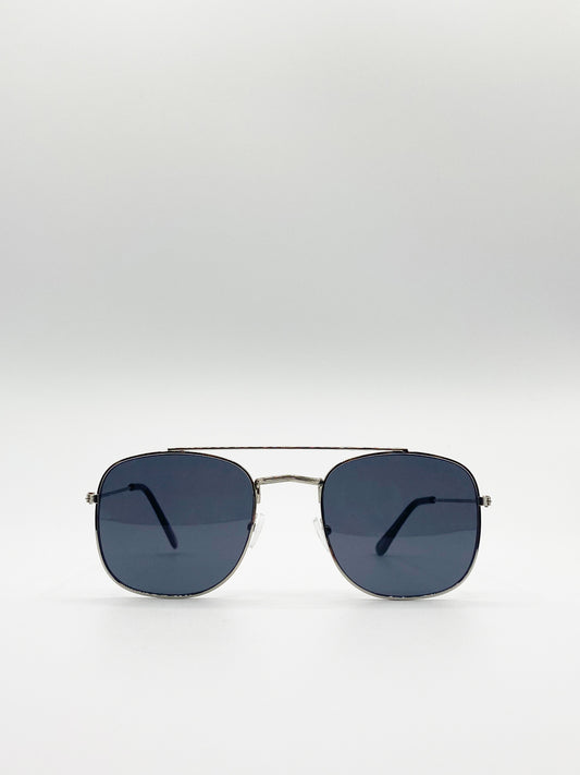 Silver Aviator Sunglasses with Black Lenses