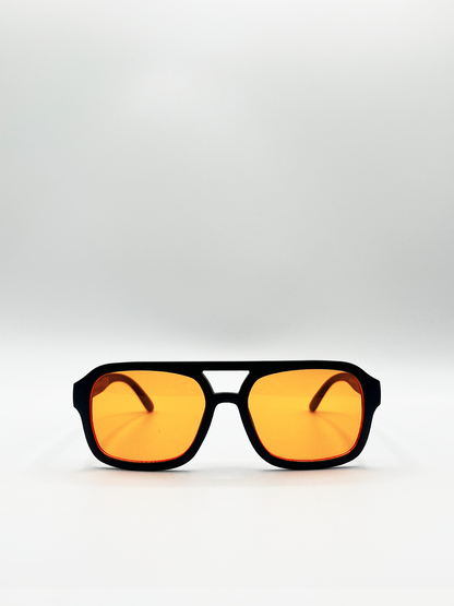 Black Plastic Frame Navigator Sunglasses With Orange Lenses