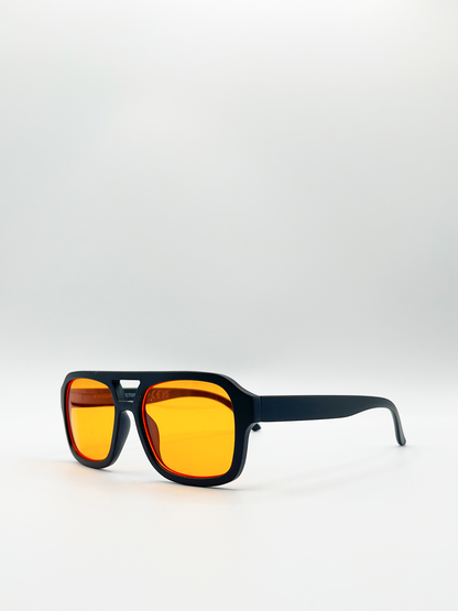 Black Plastic Frame Navigator Sunglasses With Orange Lenses