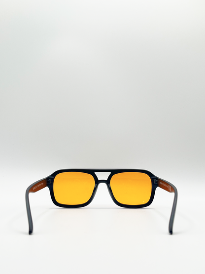 Black Plastic Frame Navigator Sunglasses With Orange Lenses