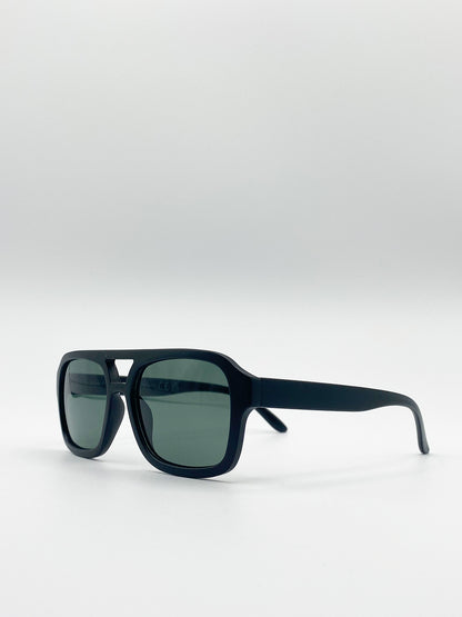 Matte Black 70's Navigator Sunglasses with Green Lenses