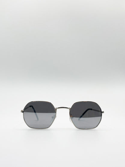Hexagon Sunglasses Silver Frame with Silver Mirrored Lenses